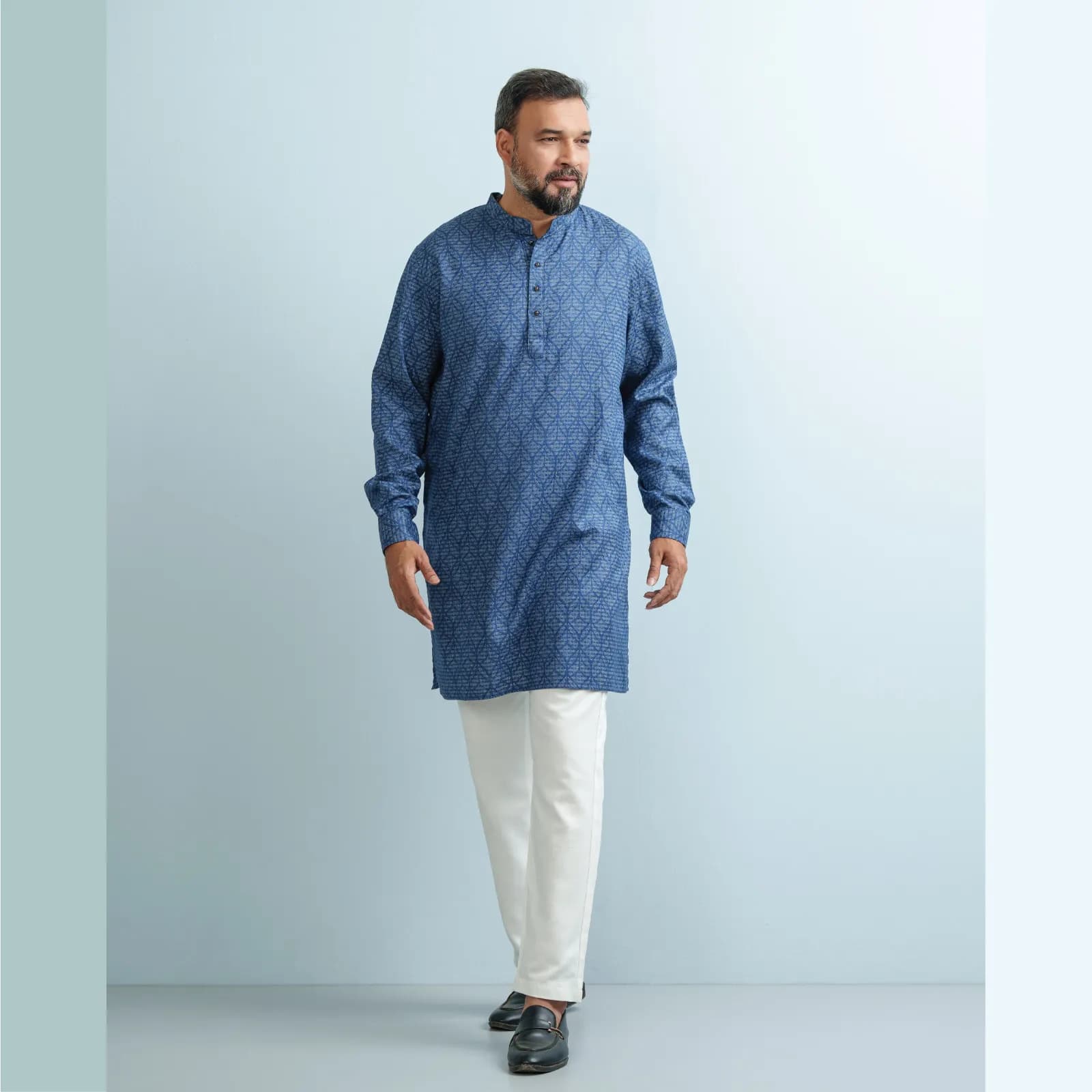 Navy Blue Premium Jacquard Printed Linen Panjabi